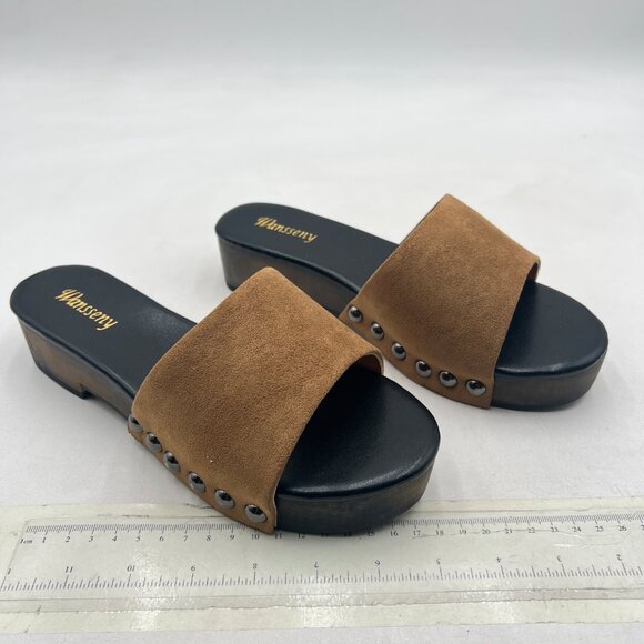Wansseny Brown Suede Open Toe Studded Slip on Flatform Low Heel Clogs Mules - Picture 4 of 8